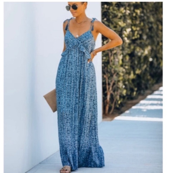 💙Lovestitch,Blue Ikat, Patterned Dress w/Tassels Tie on Shoulders or Halter, L - Picture 1 of 11